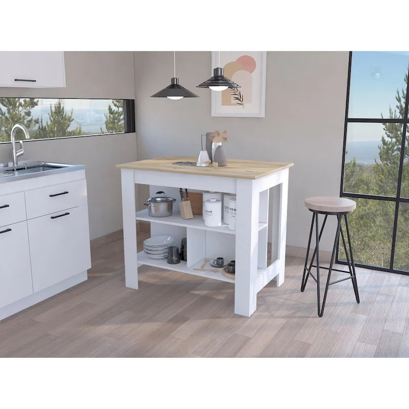 Îlot de cuisine 3 étagères Blanc et Chêne clair avec rangement ouvert et station de préparation