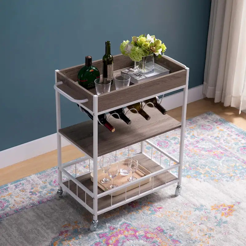 Desserte de bar roulante à 3 niveaux pour cuisine avec casier à vin pour 4 bouteilles et roulettes verrouillables