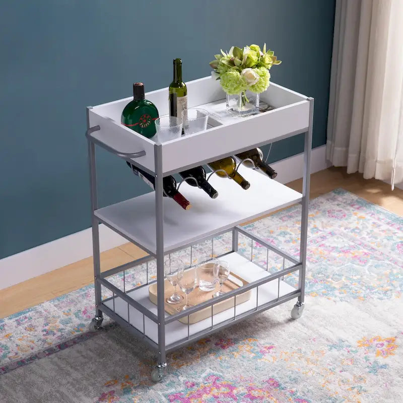 Desserte de bar roulante à 3 niveaux pour cuisine avec casier à vin pour 4 bouteilles et roulettes verrouillables