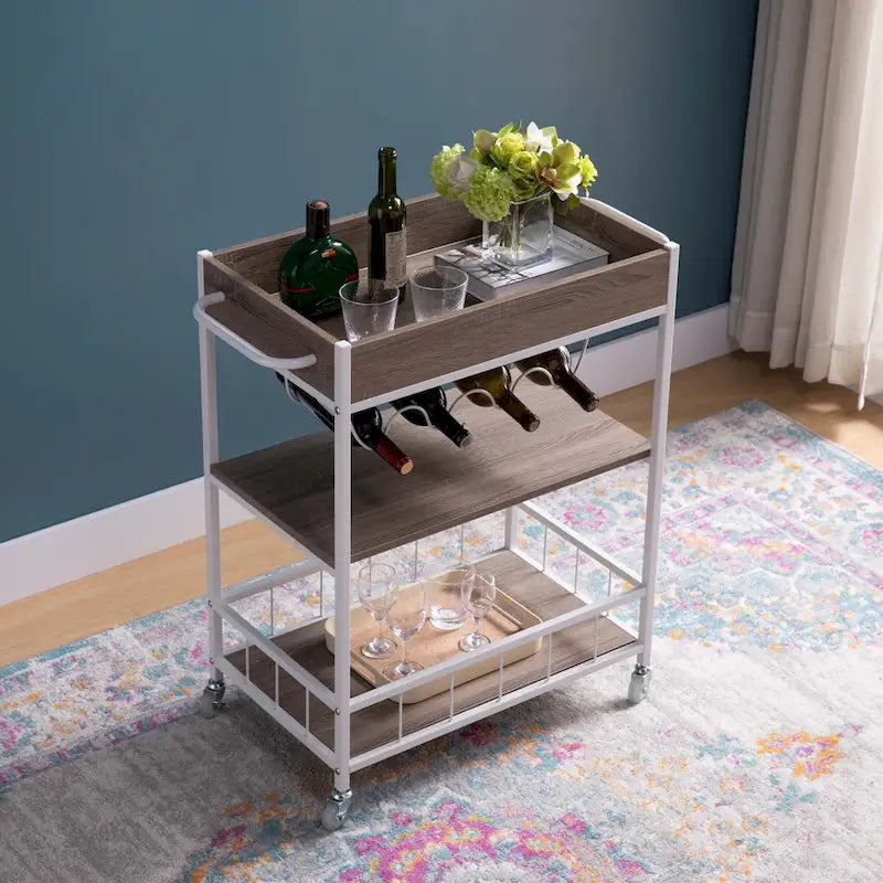 Desserte de bar roulante à 3 niveaux pour cuisine avec casier à vin pour 4 bouteilles et roulettes verrouillables