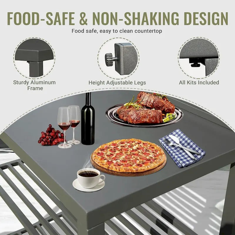 Îlot de cuisine d'extérieur en aluminium gris thermolaqué avec deux étagères de rangement et une barre arrière