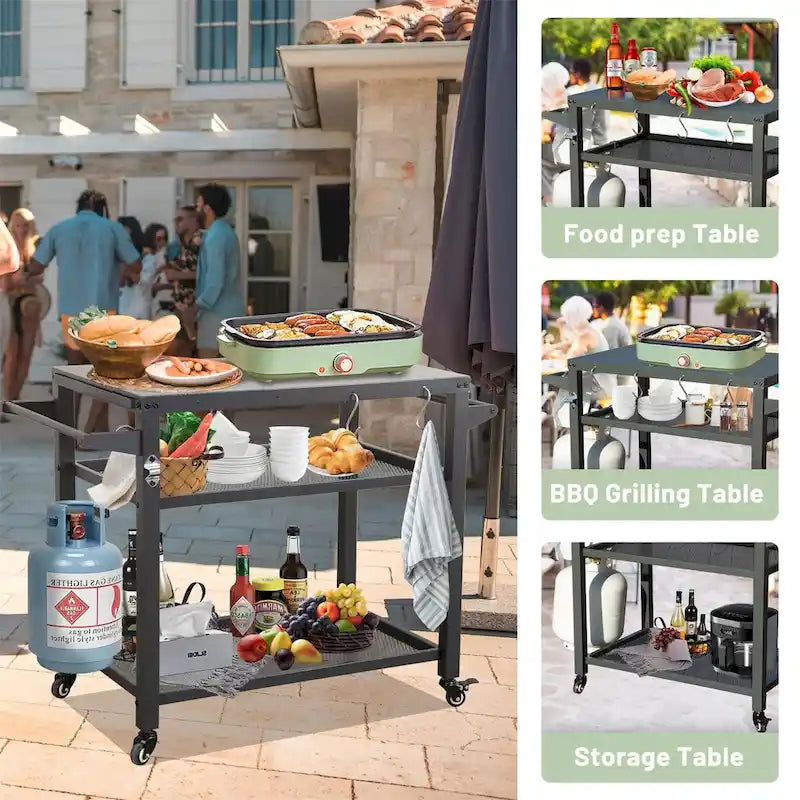 Chariot de barbecue extérieur avec roulettes et trois niveaux de rangement en acier gris