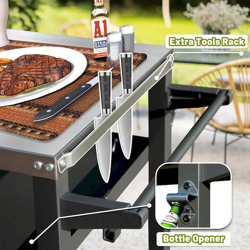 Chariot de barbecue extérieur avec roulettes et trois niveaux de rangement en acier gris