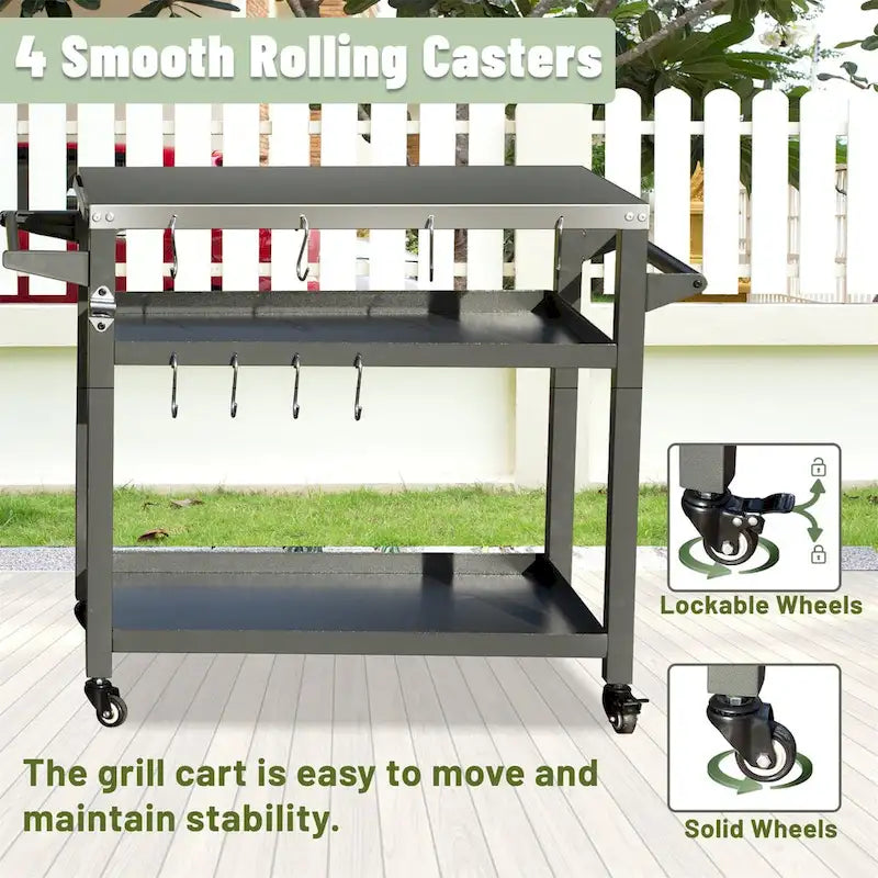 Chariot de barbecue extérieur avec roulettes et trois niveaux de rangement en acier gris