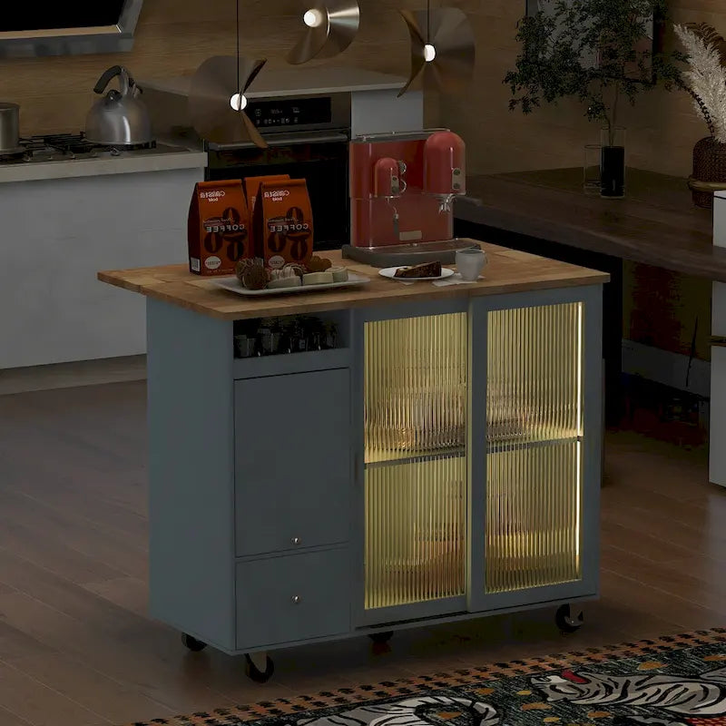 Desserte de cuisine roulante avec abattant, portes coulissantes en verre cannelé, éclairage LED, tiroirs, gris-bleu