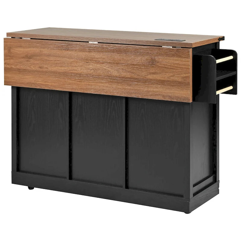 Desserte d'îlot de cuisine style rustique avec portes coulissantes façon grange et station de charge intégrée, noire