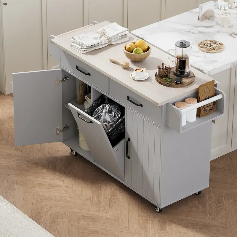 Îlot de cuisine roulant avec poubelle intégrée et plan de travail à abattant