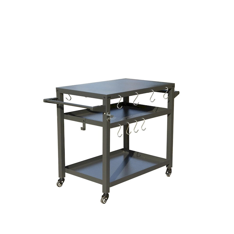 Chariot de desserte pour barbecue d'extérieur en métal gris à 3 étagères avec crochets porte-ustensiles et roulettes