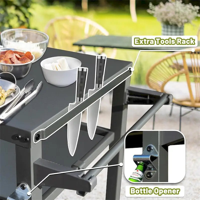Chariot de desserte pour barbecue d'extérieur en métal gris à 3 étagères avec crochets porte-ustensiles et roulettes