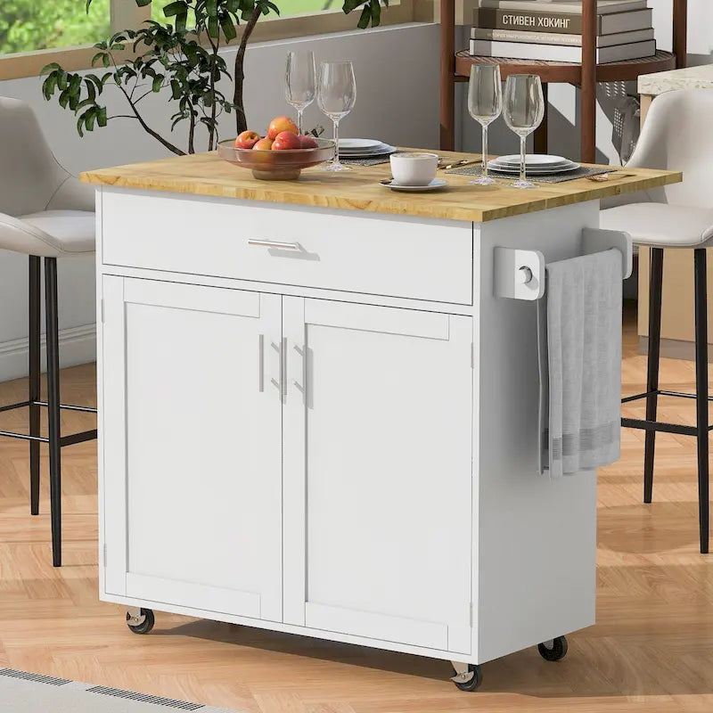 Desserte de cuisine roulante avec plateau rabattable en bois d'hévéa, tiroir et rangements fermés
