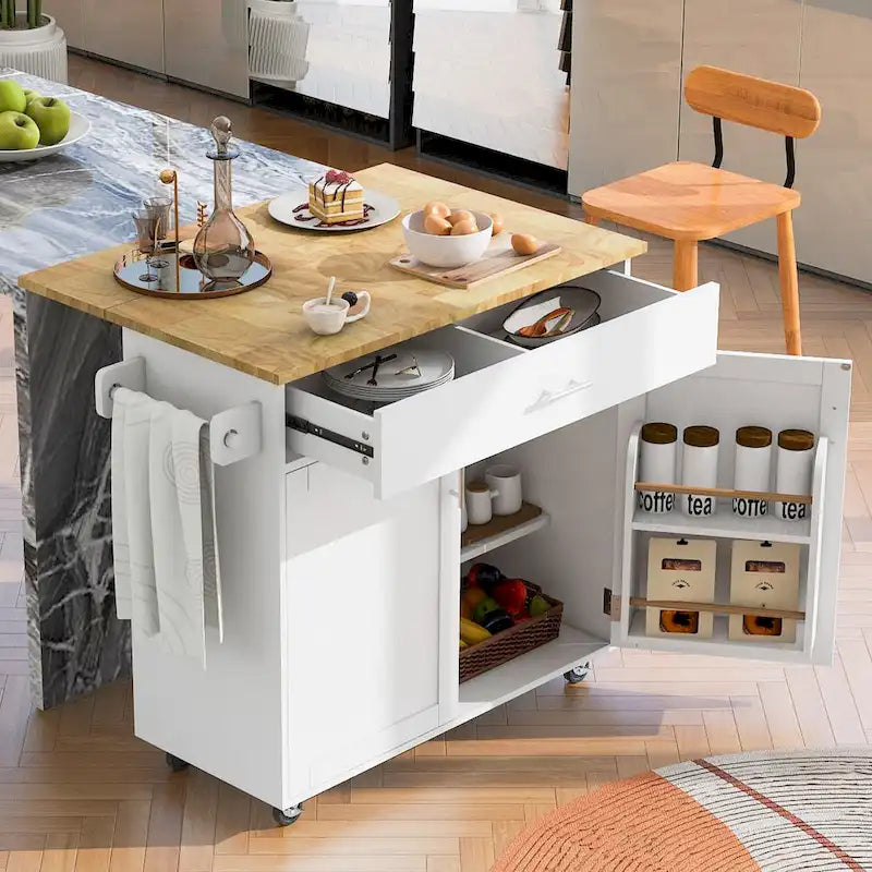 Desserte de cuisine roulante avec plateau rabattable en bois d'hévéa, tiroir et rangements fermés