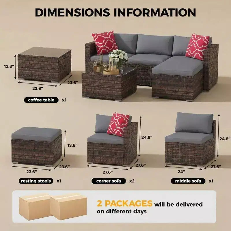 5 Pieces Patio Furniture Set, All-Weather Wicker Sectional Sofa With Anti-Slip Cushions, Rattan Outdoor Patio Furniture Sofa Set With Ottoman