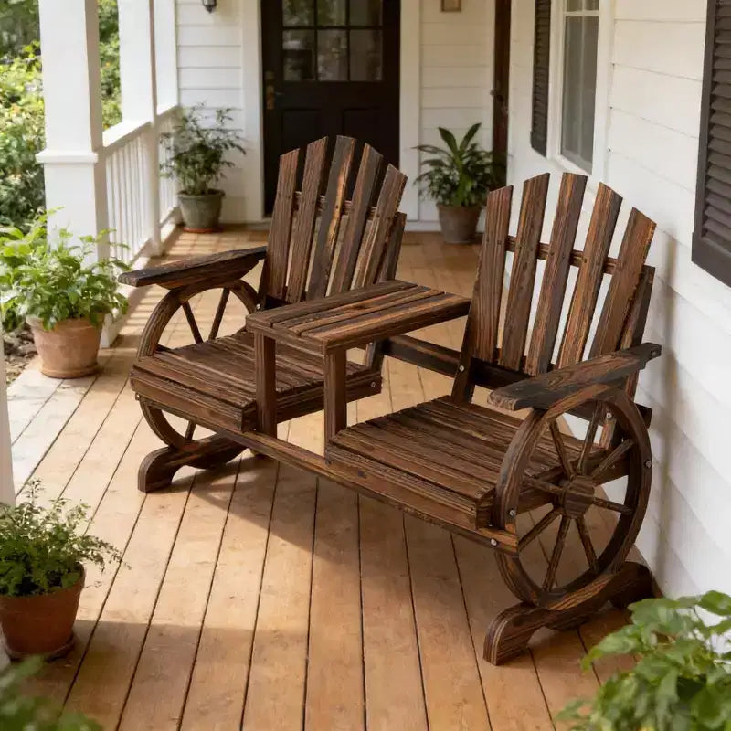 GDFStudio Sydel Wagon Wheel Patio Bench with Center Table and Storage Compartment