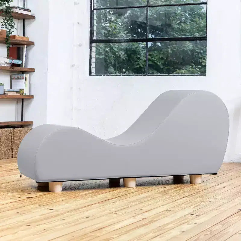 Avana Chaise Lounge Chair for Stretching and Relaxation, Hevea Wood Feet, Faux Leather - Submarine Grey