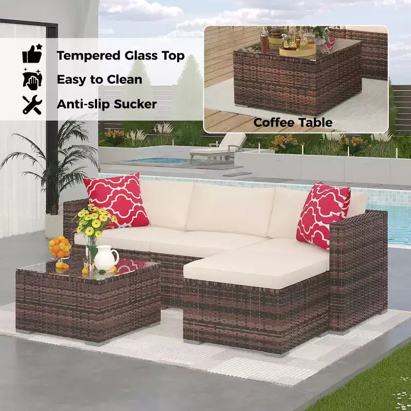 5 Pieces Patio Furniture Set, All-Weather Wicker Sectional Sofa With Anti-Slip Cushions, Rattan Outdoor Patio Furniture Sofa Set With Ottoman