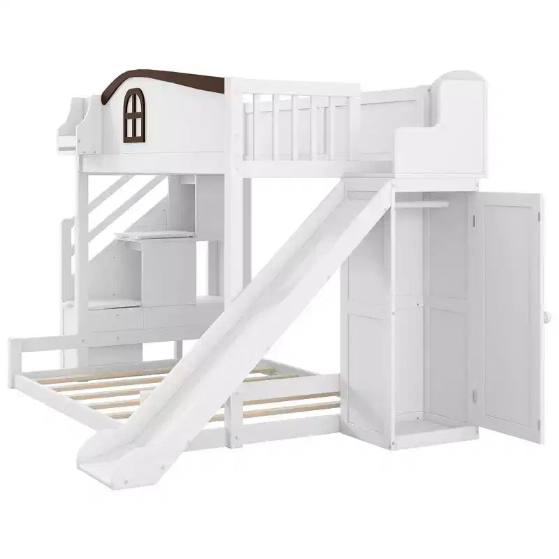 Twin over Full Bunk Bed with Slide, Shelves, Storage Staircase and Wardrobe for Kids Room
