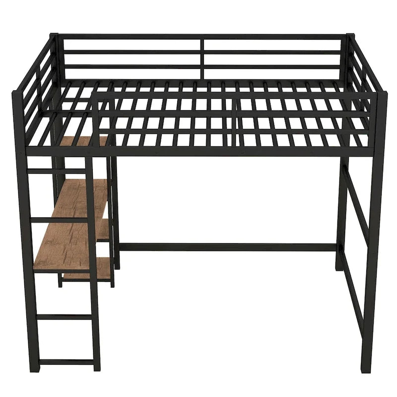 Full Size Metal Loft Bed with Built-in Desk and Storage Shelves