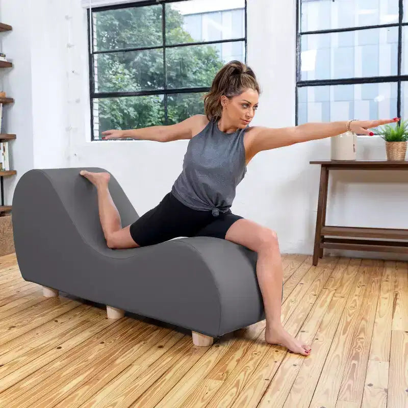 Avana Chaise Lounge Chair for Stretching and Relaxation, Hevea Wood Feet, Faux Leather - Submarine Grey
