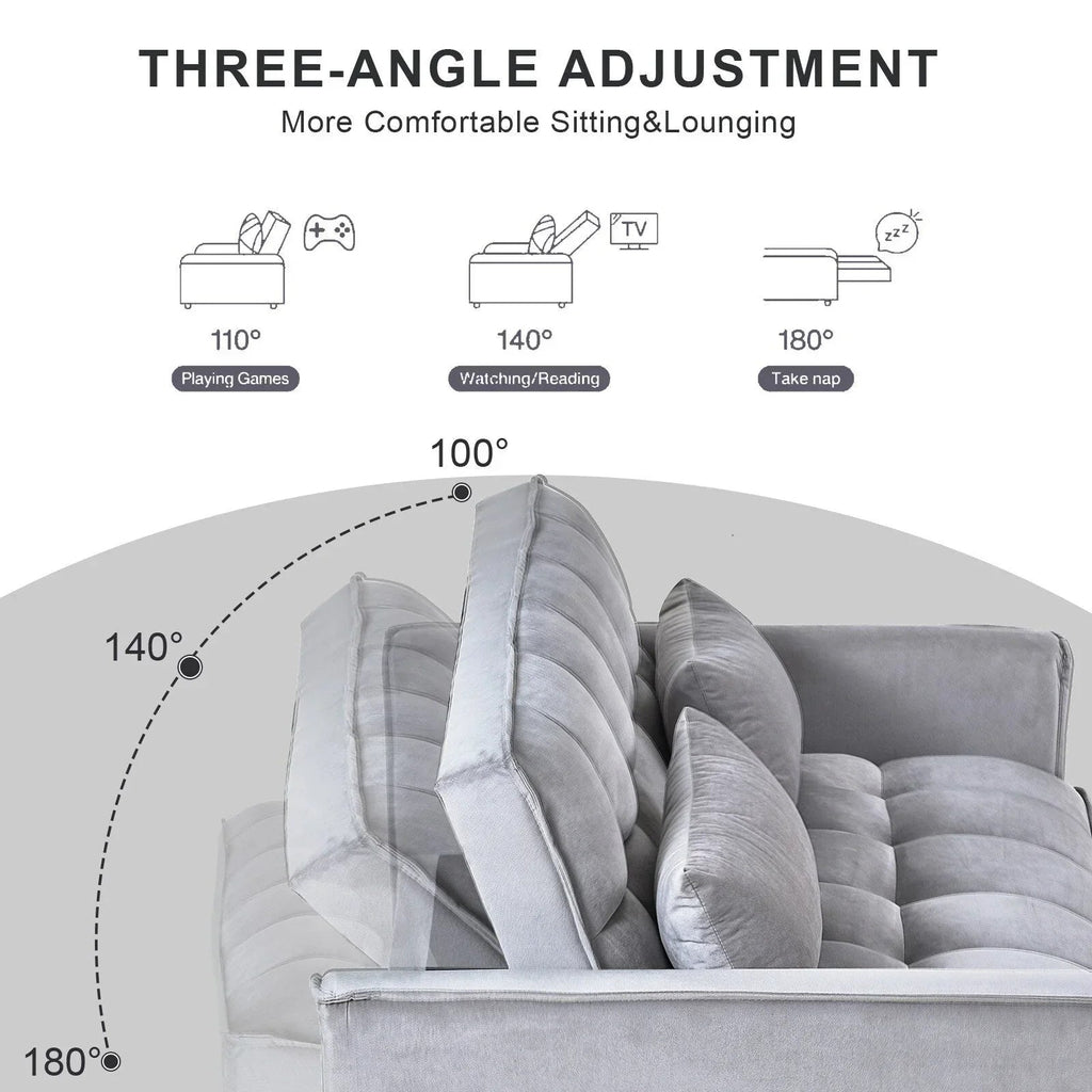 Modern Pull-Out Couch Bed, 3-in-1 Sleeper Sofa with Adjustable Backrest, Velvet Loveseat, Pillows & Side Pockets