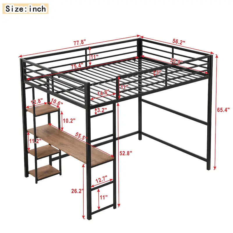 Full Size Metal Loft Bed with Built-in Desk and Storage Shelves