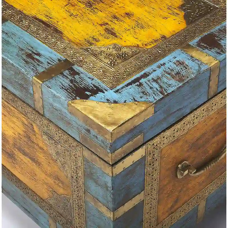 Nador Hand-Painted Brass Inlay Storage Trunk Coffee Table