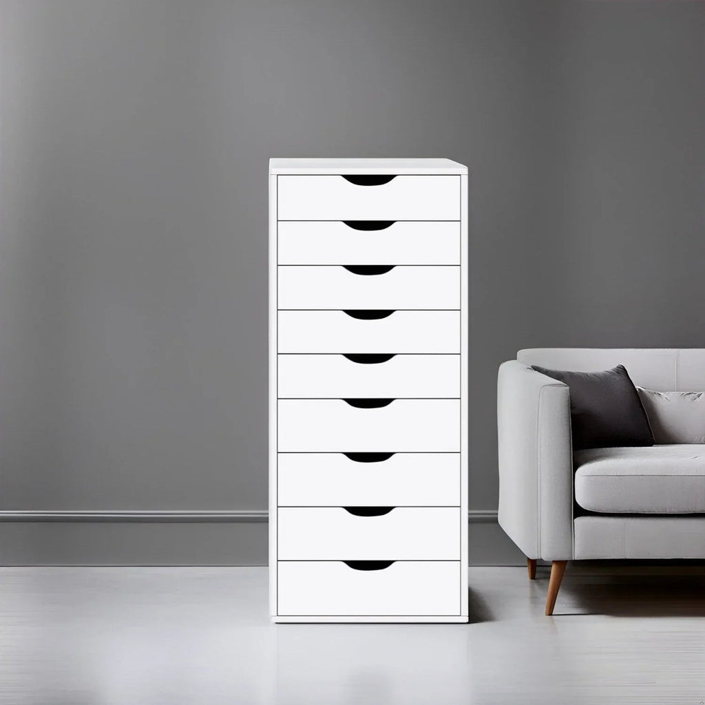 Narrow Wooden 9-Drawer Cabinet with Smooth-Glide Drawers and Top Storage Shelf
