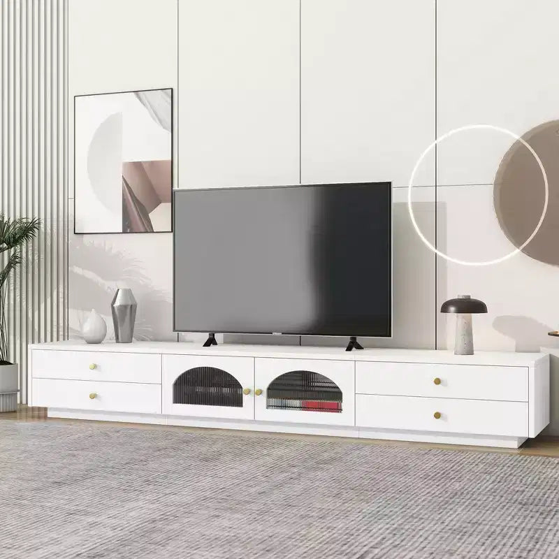 TV Stand for 95 TV, Extra Long Media Console with 2 Doors & 4 Drawers, Large TV Storage Cabinet Entertainment Center with Fluted Glass Doors