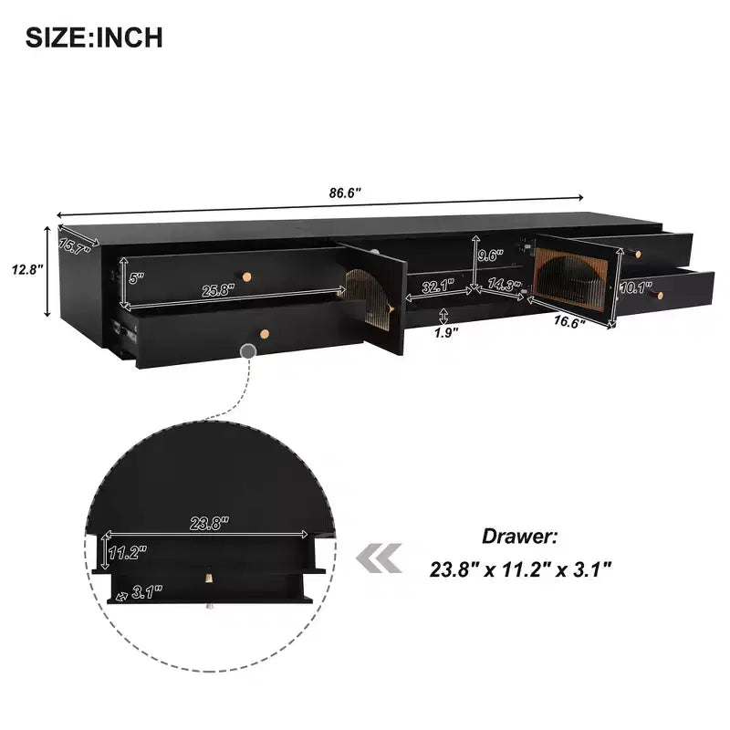 TV Stand for 95 TV, Extra Long Media Console with 2 Doors & 4 Drawers, Large TV Storage Cabinet Entertainment Center with Fluted Glass Doors