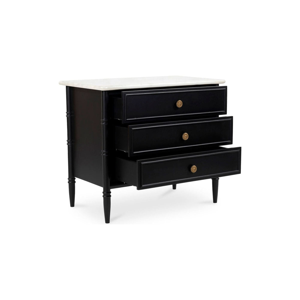 Provence-Inspired Mango Wood & Marble Top Nightstand with Brass Handles & Dual Drawers for Bedroom