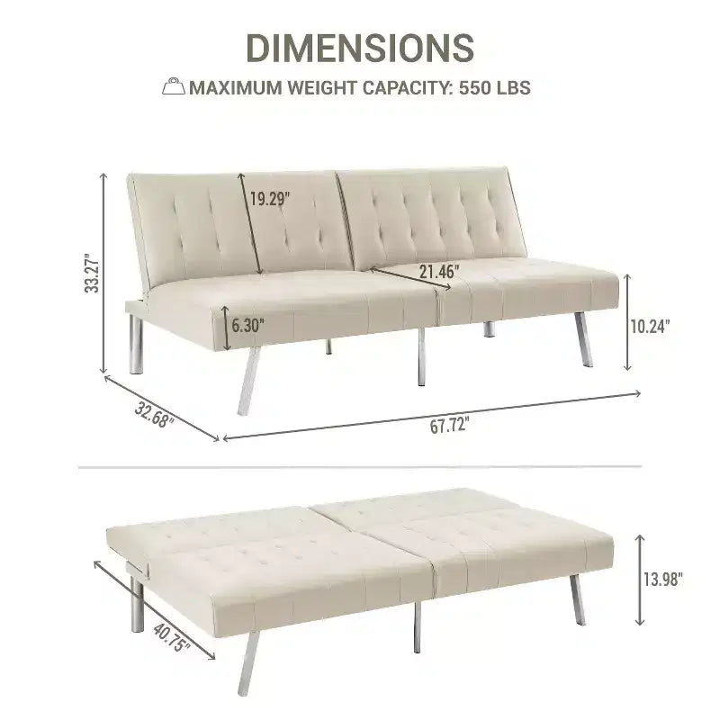 Tufted Split Back Futon Sofa Bed, Convertible Sofa bed with Chrome Legs