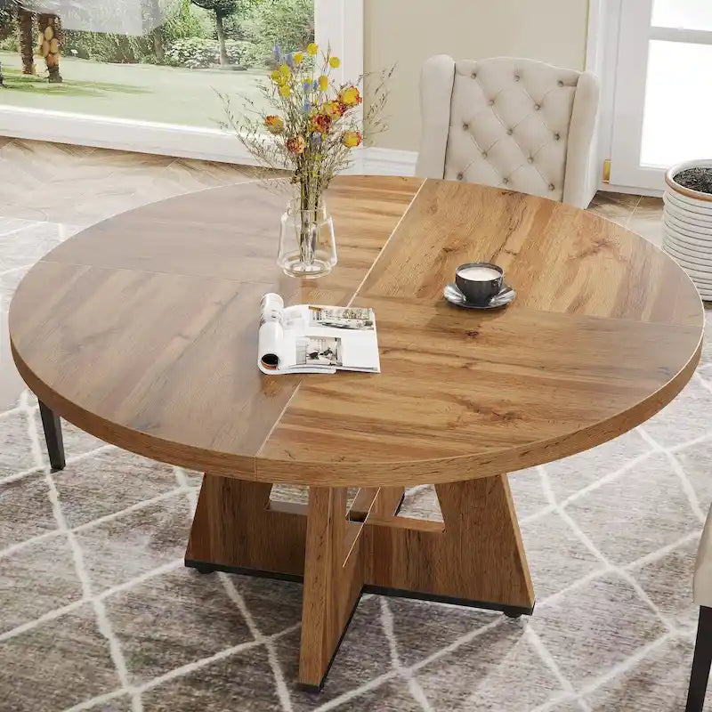 47 Inch Round Dining Table for 4, Wood Farmhouse Dinner Dinning Table for Kitchen Dining Living Room