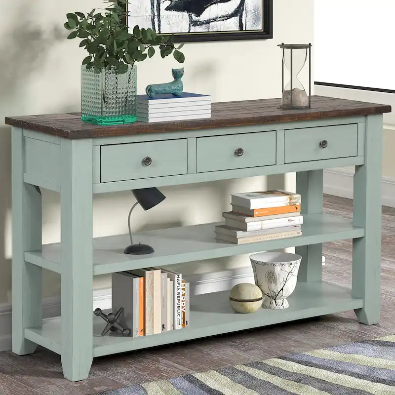 Modern Solid Pine Wood Top Console Table with 3 Drawers and 2 Shelves