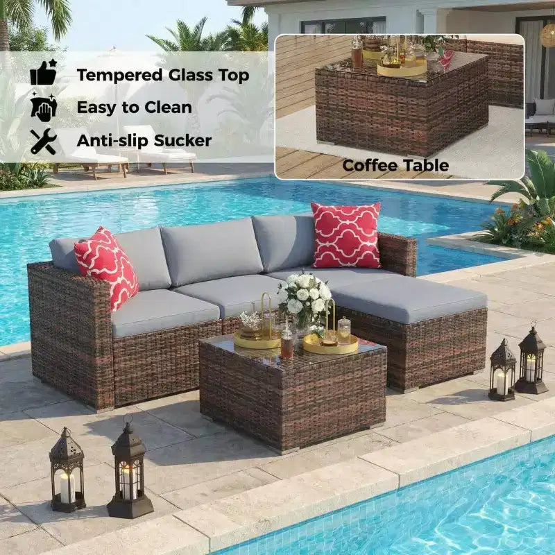 5 Pieces Patio Furniture Set, All-Weather Wicker Sectional Sofa With Anti-Slip Cushions, Rattan Outdoor Patio Furniture Sofa Set With Ottoman