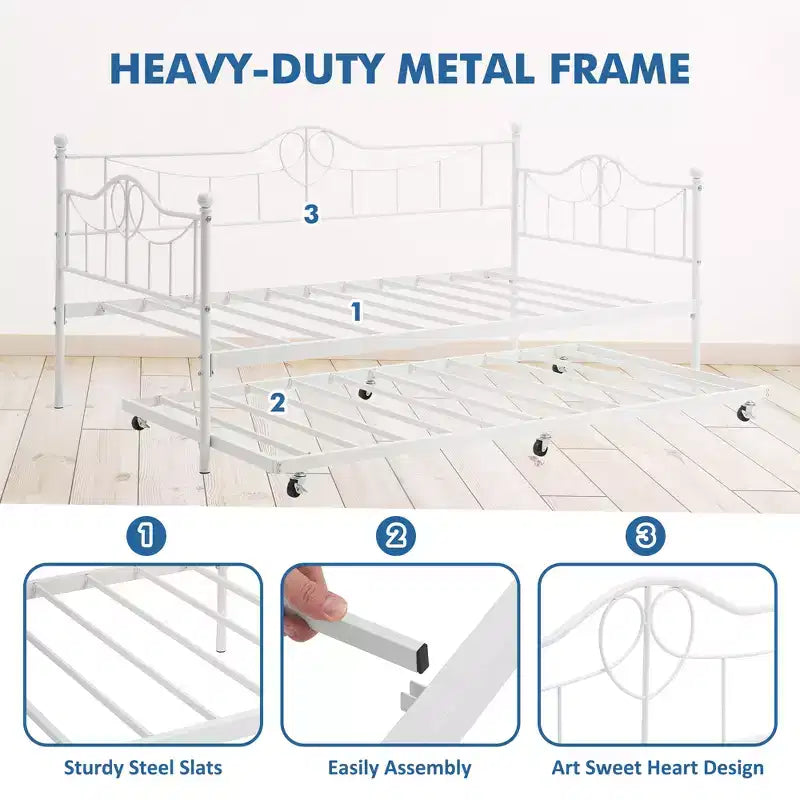 Twin Day Bed with Trundle Bed Twin, Metal Daybed with Trundle, Daybed with Trundle Bed Frame, Steel Slat Support Sofa Bed for Kids Teens Adults