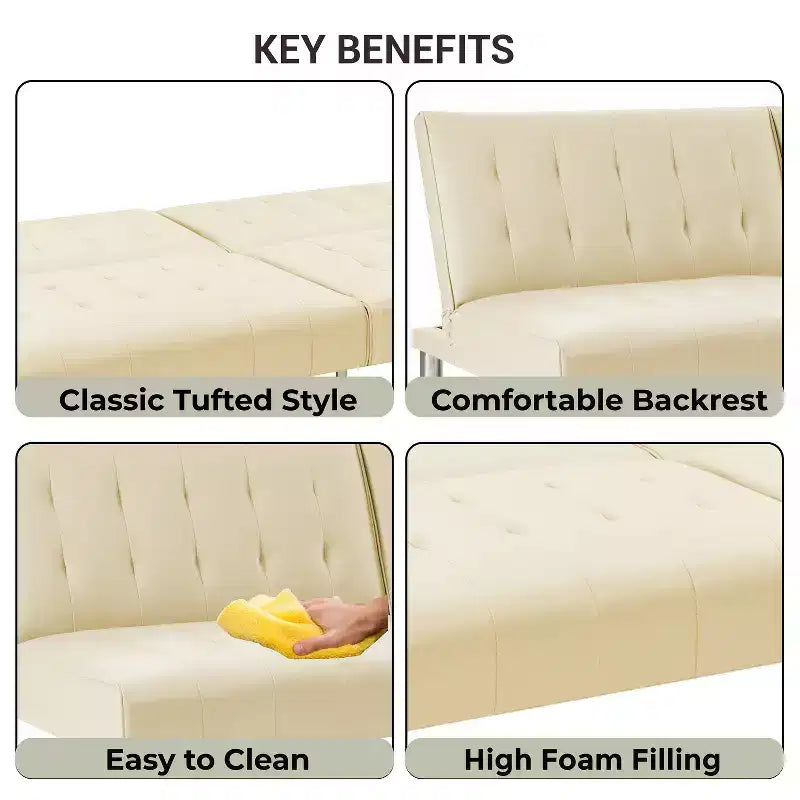 Tufted Split Back Futon Sofa Bed, Convertible Sofa bed with Chrome Legs
