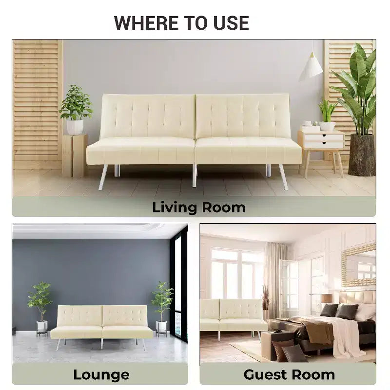 Tufted Split Back Futon Sofa Bed, Convertible Sofa bed with Chrome Legs