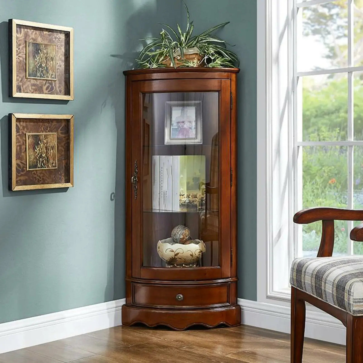 Classic Brown Rubberwood Corner Cabinet with Glass Door