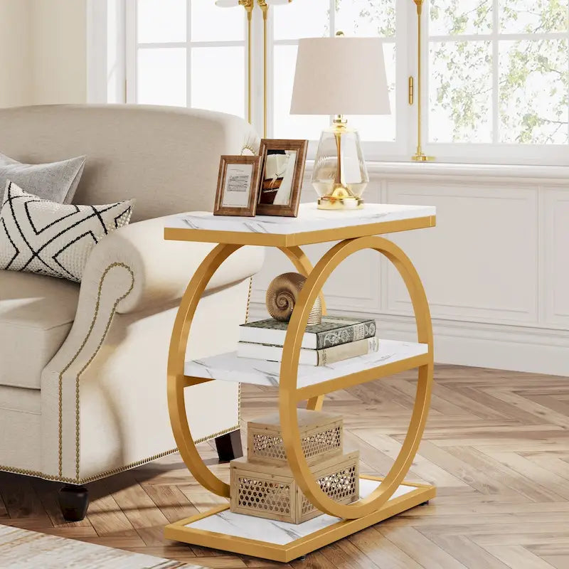 Narrow End Table with 3 Storage Shelves, Wood Side Table for Living Room