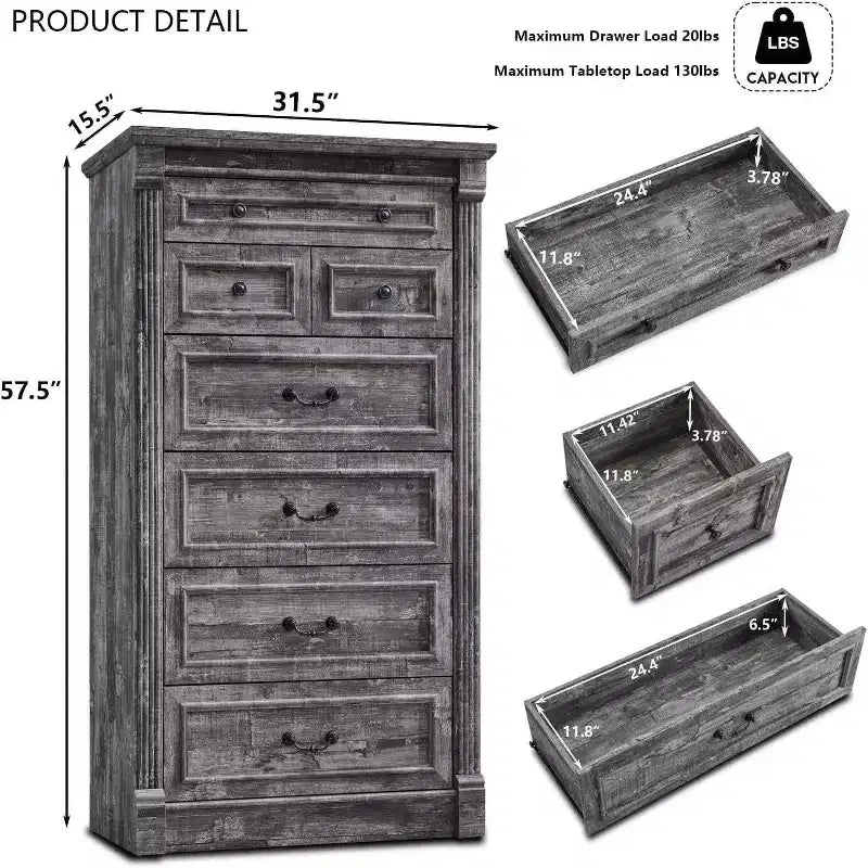 Mastgoal 57 Farmhouse Dresser with 7 Drawers, Rustic Wood Closet Storage with Roman Column for Bedroom