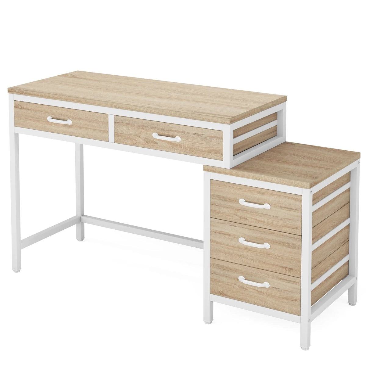 Reversible Computer Desk with 5 Drawers, Home Office Desk with File Cabinet Drawer Printer Stand