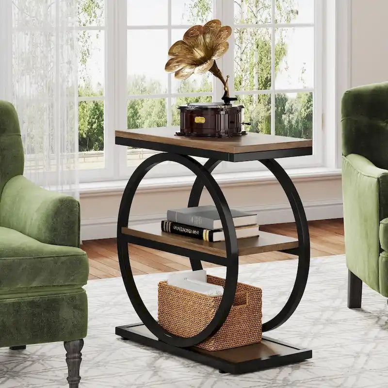 Narrow End Table with 3 Storage Shelves, Wood Side Table for Living Room