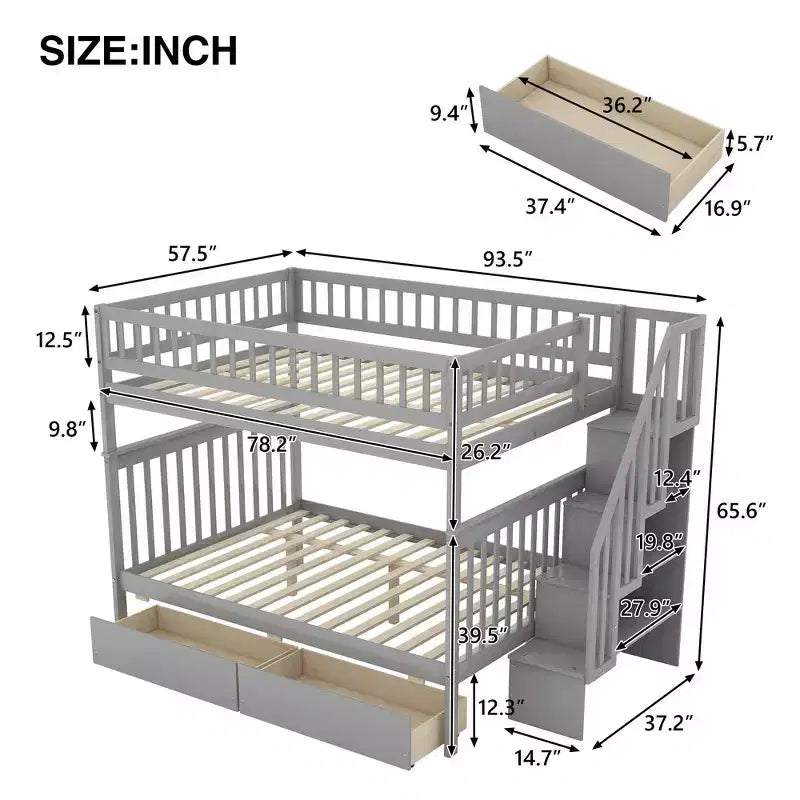 Full over Full Bunk Bed with Drawers and Storage Staircase