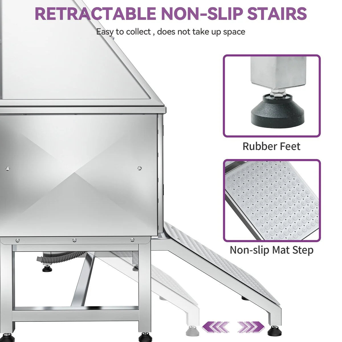 50 W Stainless Steel Adjustable Pet Grooming Tub with Steps Ramp