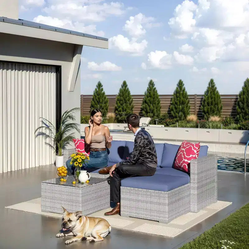 5 Pieces Patio Furniture Set, All-Weather Wicker Sectional Sofa With Anti-Slip Cushions, Rattan Outdoor Patio Furniture Sofa Set With Ottoman