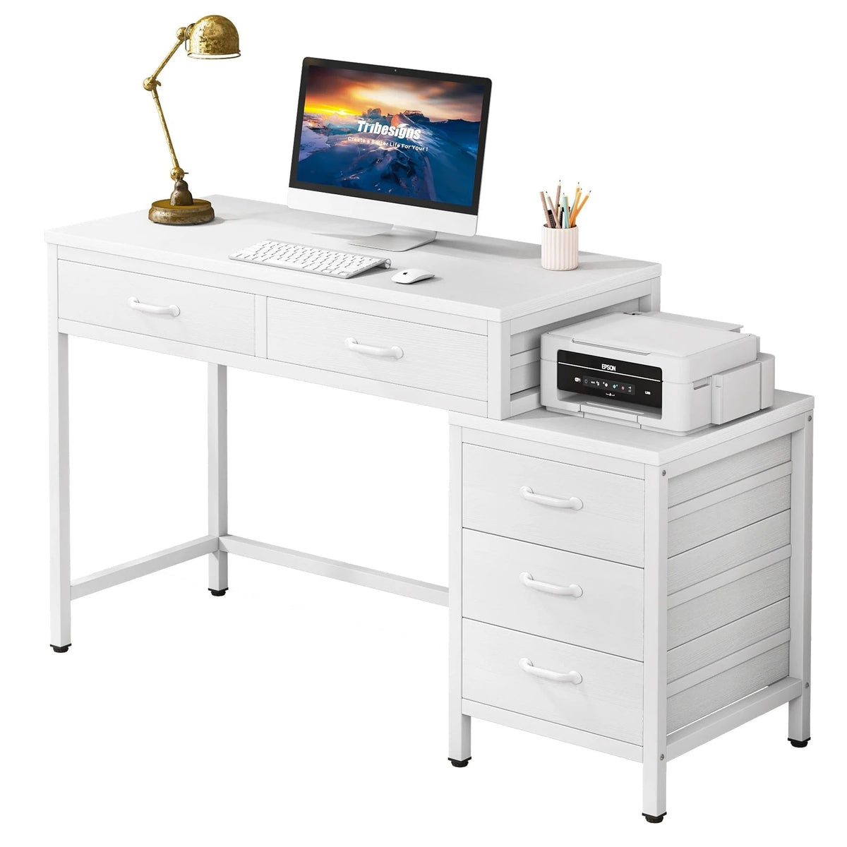 Reversible Computer Desk with 5 Drawers, Home Office Desk with File Cabinet Drawer Printer Stand
