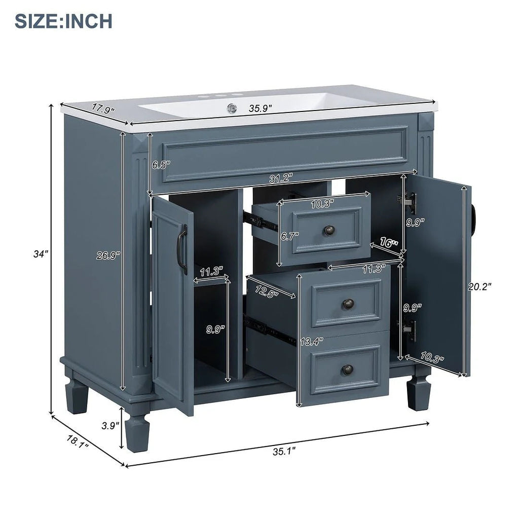 36 Modern Bathroom Vanity with Top Sink and Mirror Cabinet,2 Doors and 2 Drawers