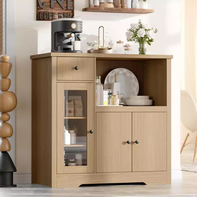 White & Walnut Kitchen Microwave Cabinet - 3-Door Pantry Storage Buffet with Adjustable Shelves for Dining Room, Living Room & Hallway