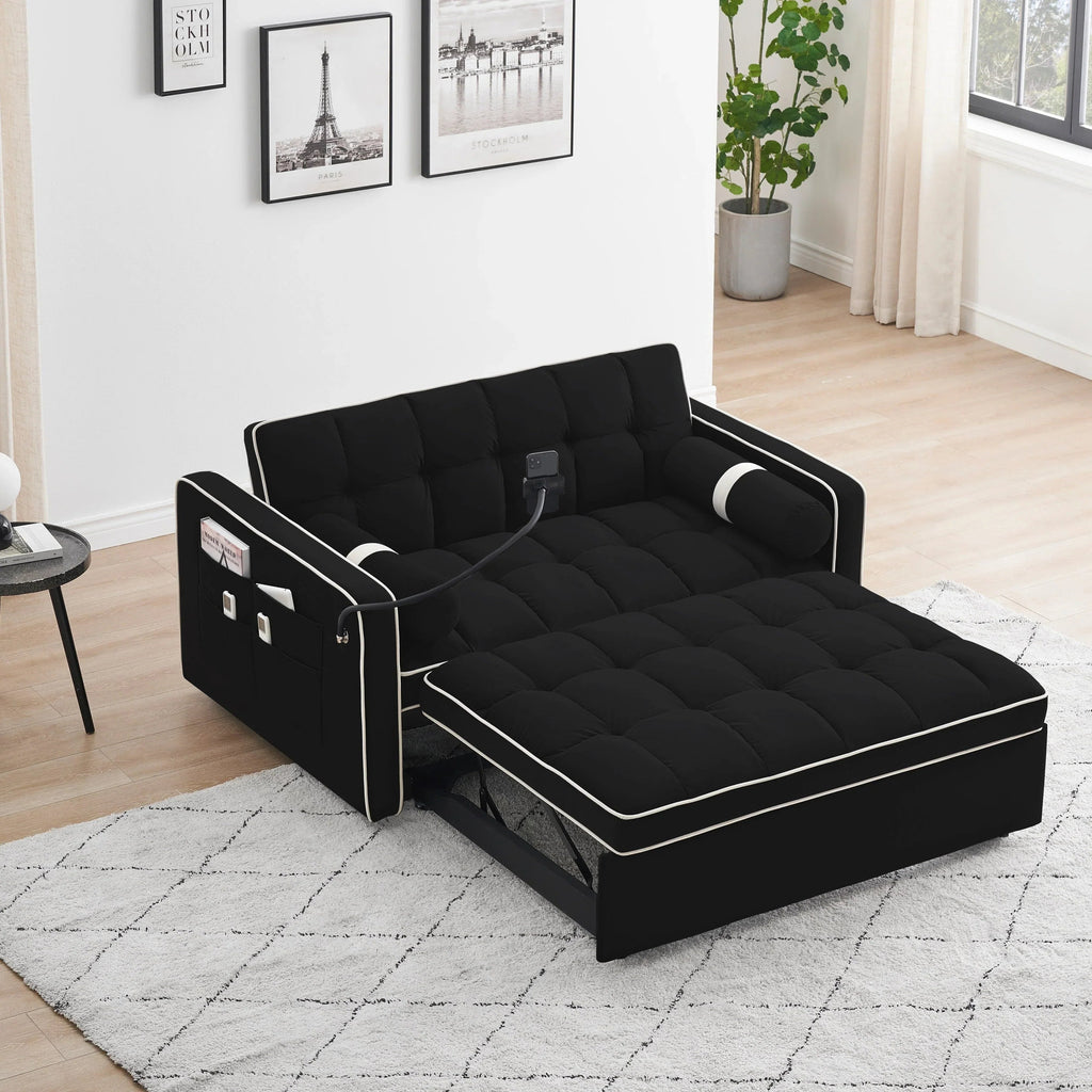 Velvet Convertible 55 2-Seater Sleeper Sofa with Pull-Out Bed, Adjustable Recline, Side Pockets, and Phone Holder