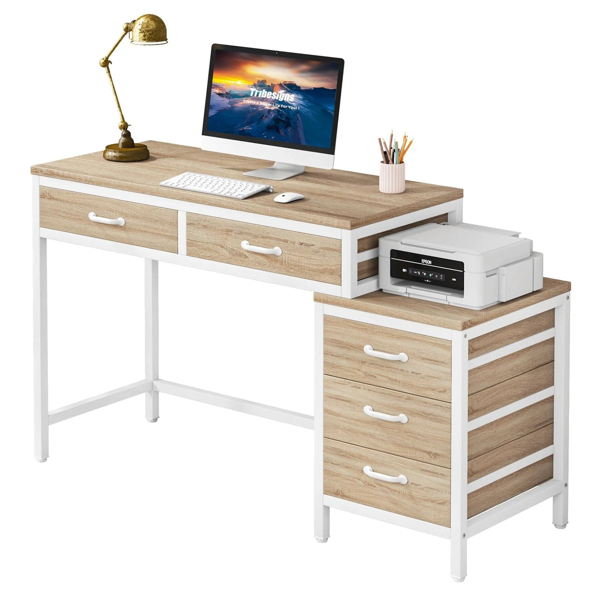 Reversible Computer Desk with 5 Drawers, Home Office Desk with File Cabinet Drawer Printer Stand