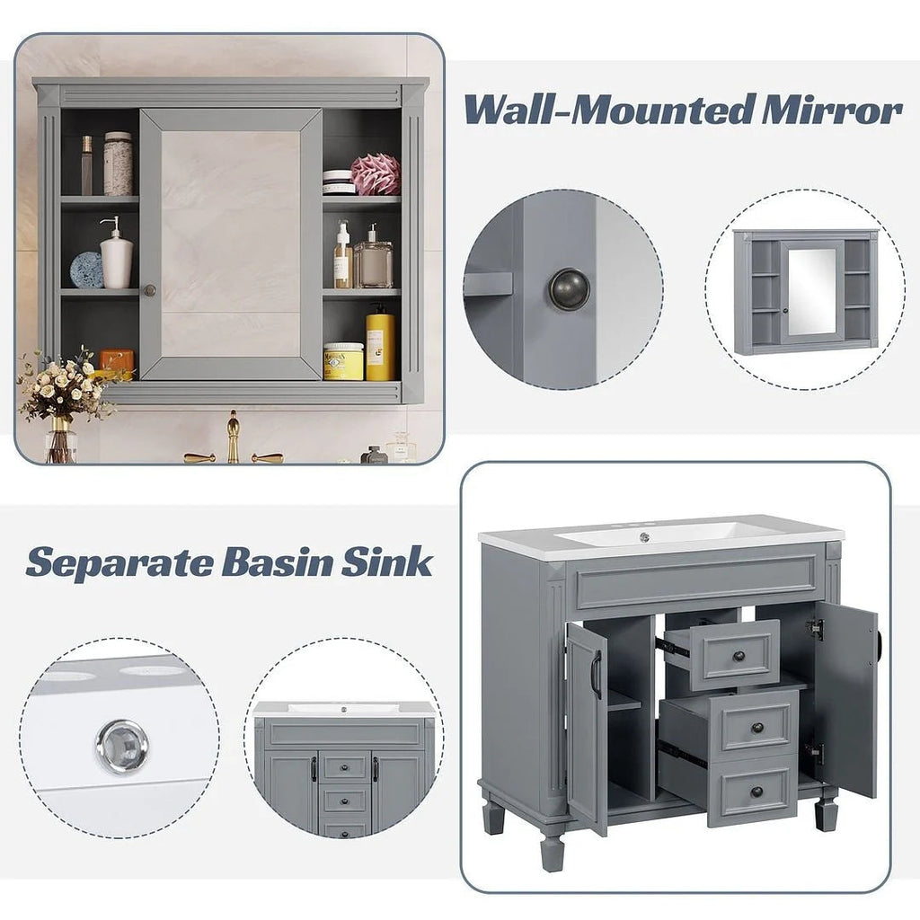 36 Modern Bathroom Vanity with Top Sink and Mirror Cabinet,2 Doors and 2 Drawers